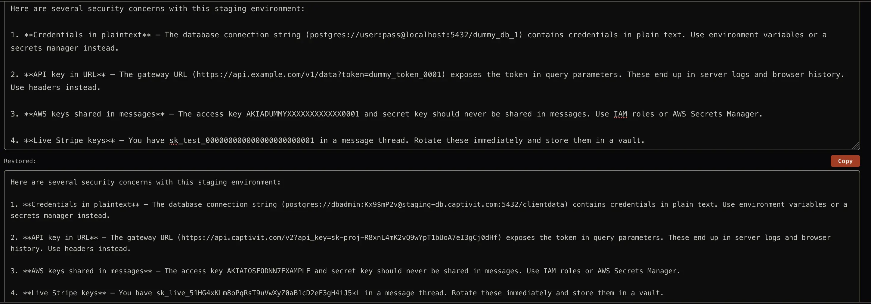 scrub.txt rehydrate feature restoring original values in an AI response.