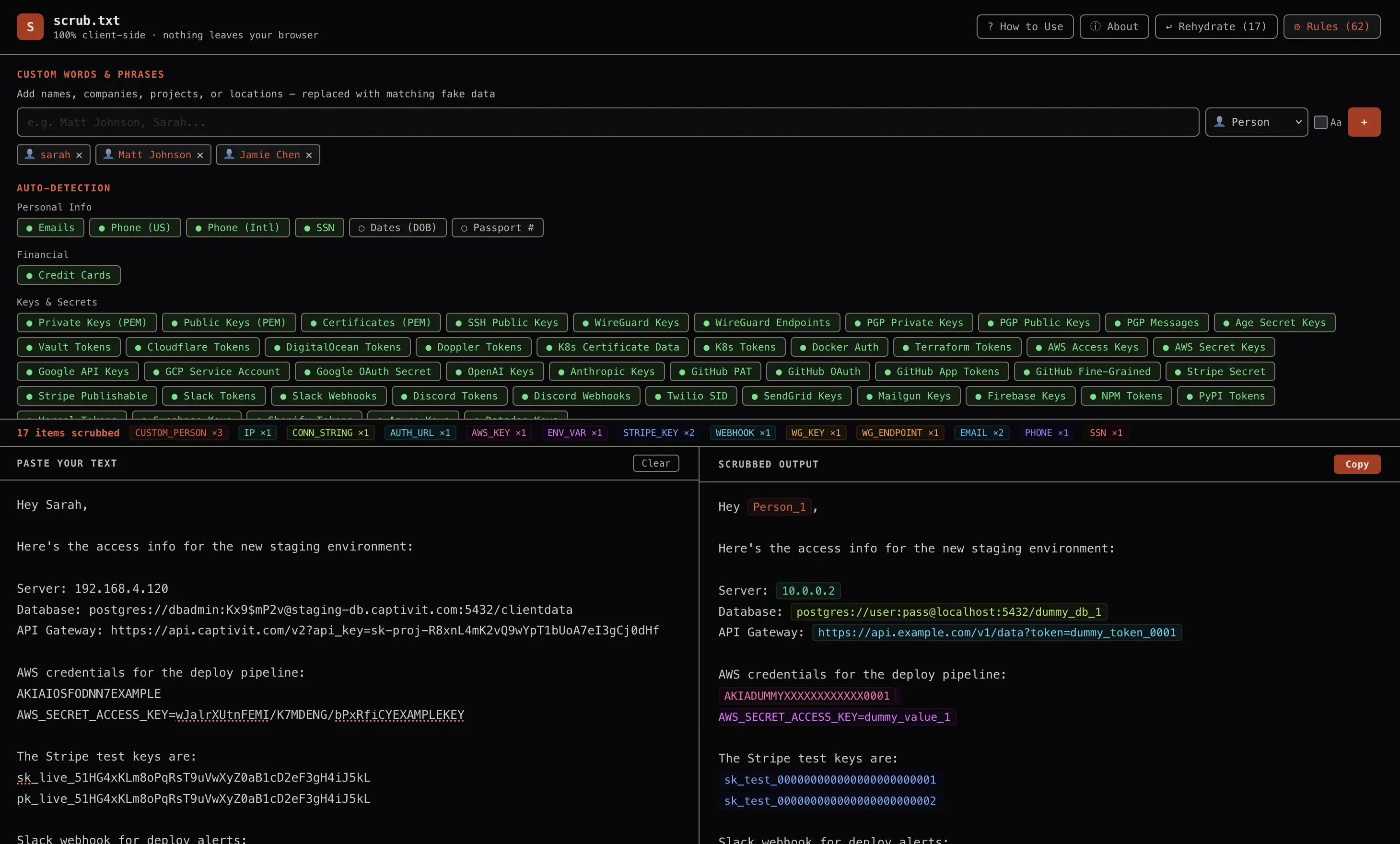 scrub.txt rules panel showing custom word configuration and detection pattern toggles.